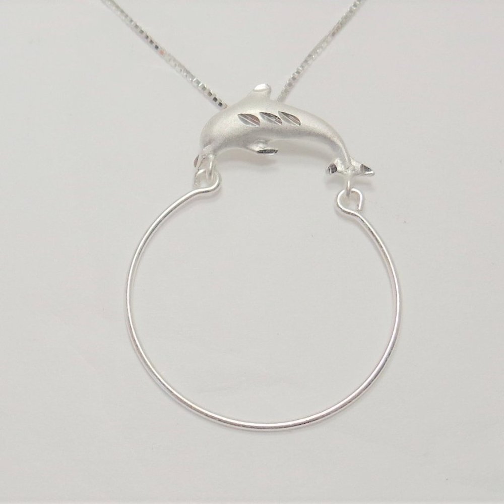 STERLING SILVER NAUTICAL FROSTED DOLPHIN SEA LIFE CHARM HOLDER PENDANT NECKLACE